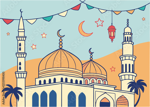 Ramadan Mubarak, Festive Mosque Domes & Minarets, Islamic Design Vector Illustration Art Eid Star   
