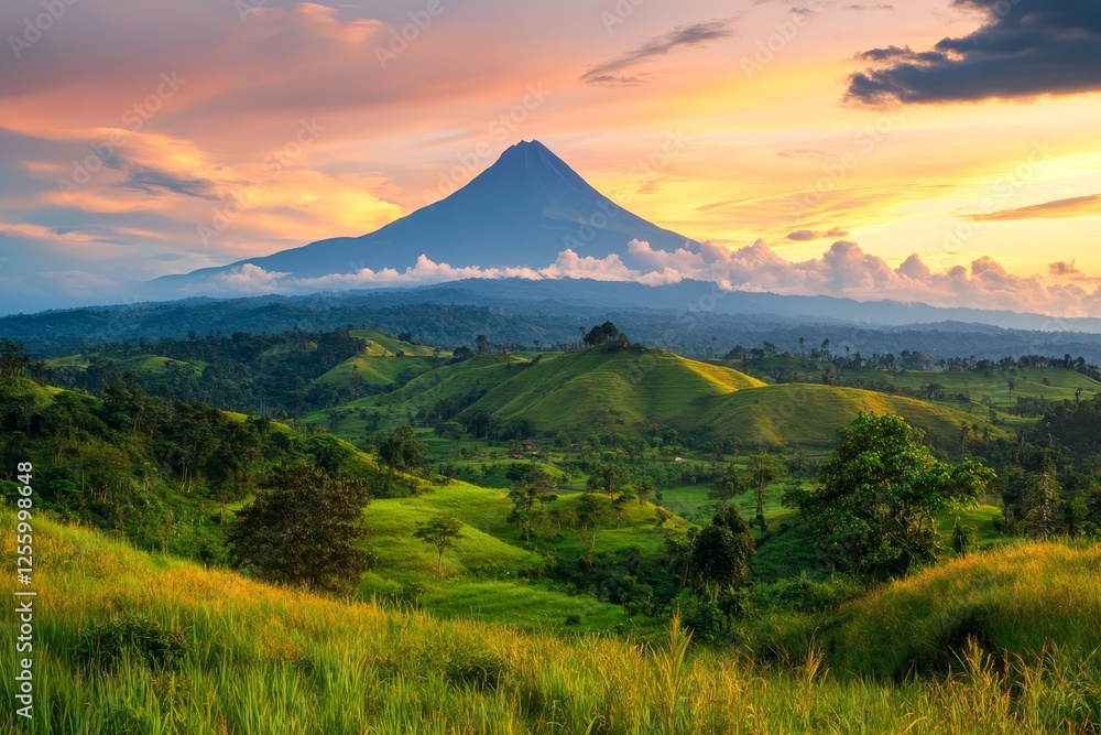 Fototapeta premium Breathtaking sunset mountain landscape with lush meadows and vibrant green trees under dramatic sky