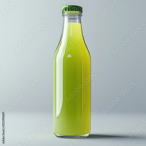 Green lemon juice in a glass bottle, adorned with lemon garnishes, set against a premium grey background.