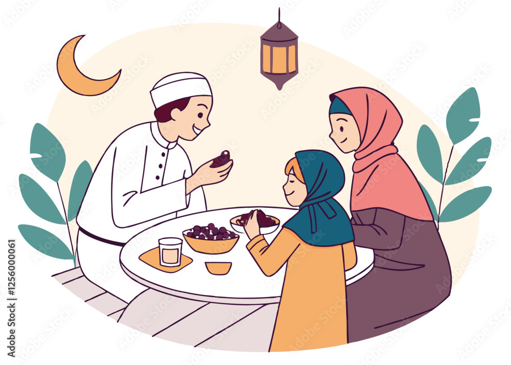 Ramadan Family Iftar, Muslim Family Enjoying Dates & Festive Meal Food Happy Peace Faith Vector Ramadan Family Iftar, Muslim Family Enjoying Dates & Festive Meal Food Happy Peace Faith Vector
