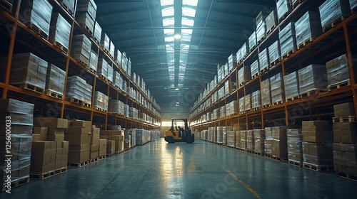 Wallpaper Mural Vast Warehouse Interior with Stacked Boxes and Forklift in Distance Torontodigital.ca