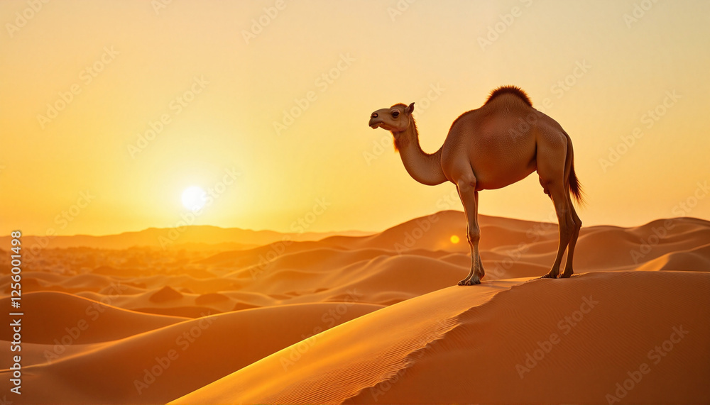 Majestic camel standing on golden dunes at sunset, Middle Eastern heritage Majestic camel standing on golden dunes at sunset, Middle Eastern heritage