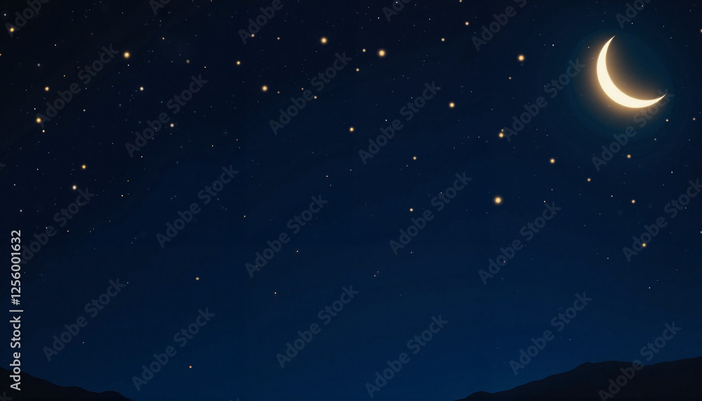 Naklejka premium Serene night sky with golden stars and crescent moon, peaceful wishes