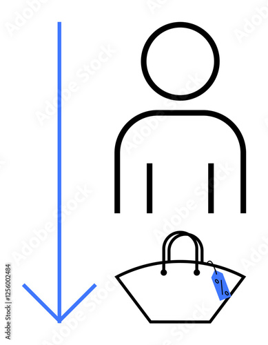 Person contemplating downward trend symbolized by a blue arrow next to a handbag with a price tag. Ideal for economic analysis, cost-cutting, consumer behavior, budgeting, financial decisions, retail