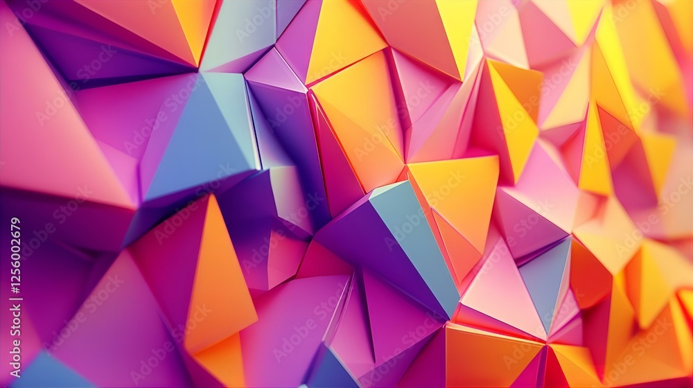 A close-up view of a vibrant, colorful abstract design composed of overlapping squares and triangles in a spectrum of pinks, purples, oranges, and blues. A close-up view of a vibrant, colorful abstract design composed of overlapping squares and triangles in a spectrum of pinks, purples, oranges, and blues.