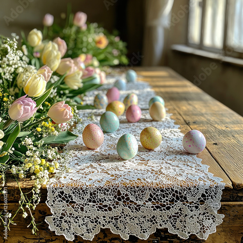 Pastel Easter eggs and tulips on rustic table with lace runner
