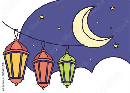 Ramadan Night Sky, Crescent Moon & Starry Vector Art for Festive Designs Eid Holy Stars Faith Muslim