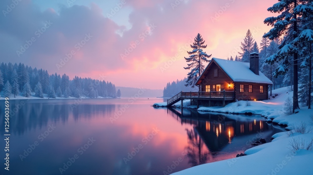 Serene Winter Lakeside Cabin at Sunset, Reflecting in Still Waters, Snow Covered Pines Serene Winter Lakeside Cabin at Sunset, Reflecting in Still Waters, Snow Covered Pines