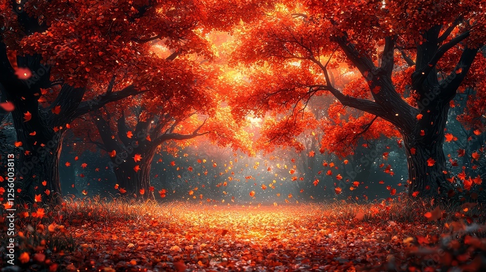 Mystical Autumn Forest at Dawn with Glowing Mist and Radiant Falling Leaves Mystical Autumn Forest at Dawn with Glowing Mist and Radiant Falling Leaves