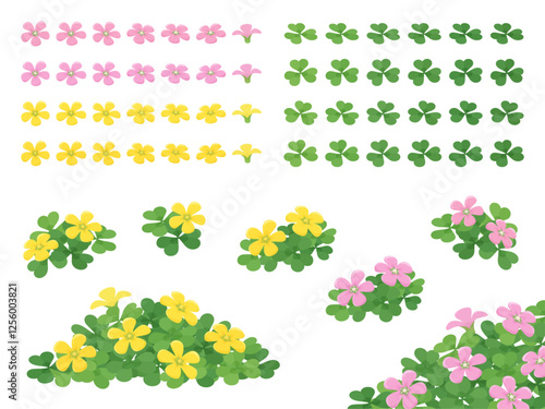 黄色とピンクのカタバミの花のイラスト素材セット