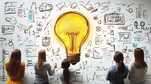 Team brainstorming ideas around a large lightbulb sketch on a whiteboard.