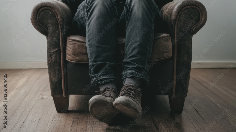 Man relaxing in leather armchair, wooden floor, quiet room, home comfort Man relaxing in leather armchair, wooden floor, quiet room, home comfort
