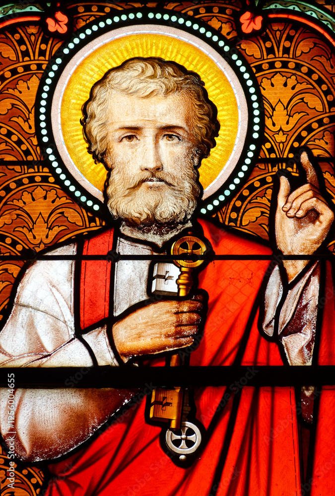 Fototapeta premium Stained glass (19th century) of Saint Peter the apostle with the keys of the Church. .