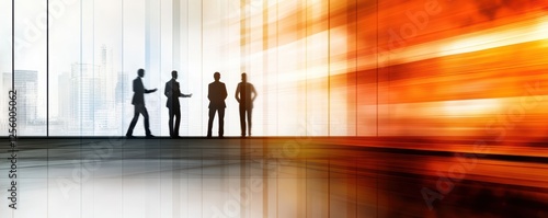 Silhouetted business figures in modern office with cityscape and dynamic lighting