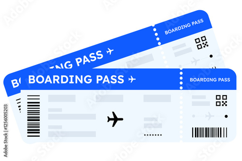 Boarding pass vector illustration. Two air plane tickets template. Airline flight pass concept. Blue departure document. Blue airplane tickets design. Blank boarding pass template isolated.