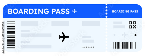 Boarding pass vector illustration. Two air plane tickets template. Airline flight pass concept. Blue departure document. Blue airplane tickets design. Blank boarding pass template isolated.