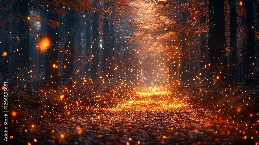 Enchanting Autumn Forest with Glowing Fireflies and Swirling Golden Leaves Enchanting Autumn Forest with Glowing Fireflies and Swirling Golden Leaves