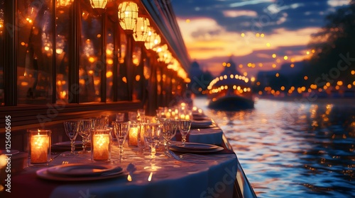 Serene evening by the water  tranquil river reflecting sunset hues  lanterns illuminating surroundings  perfect for relaxation.