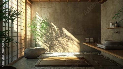 Wallpaper Mural Zen bathroom with stone elements, bamboo shower mats, neutral-colored walls, and minimalistic wooden shelving for a calming retreat Torontodigital.ca
