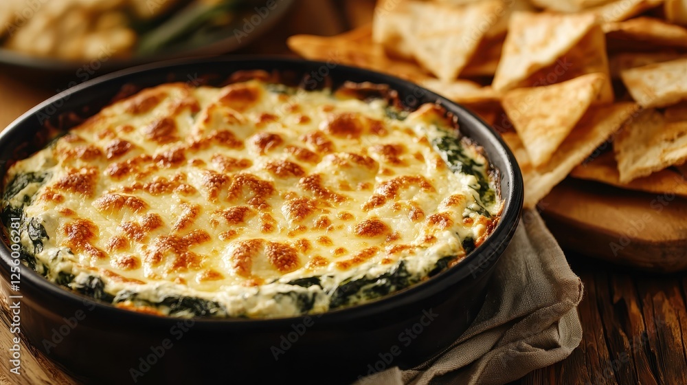 Creamy spinach dip baked to perfection, served with crispy tortilla chips for a delicious appetizer or snack. Creamy spinach dip baked to perfection, served with crispy tortilla chips for a delicious appetizer or snack.