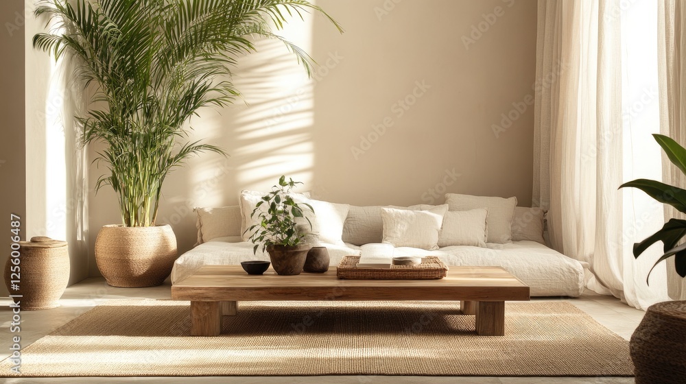 Zen living room with neutral tones, a low wooden coffee table, a tatami mat, and indoor plants creating a peaceful atmosphere Zen living room with neutral tones, a low wooden coffee table, a tatami mat, and indoor plants creating a peaceful atmosphere