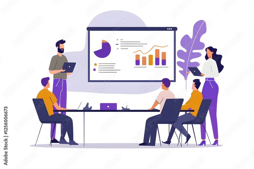 Obraz premium Team Presents Data Analysis, Showing Growth Charts and Pie Charts During a Productive Meeting, Collaboratively Working on Project Strategies, Improving Efficiency.