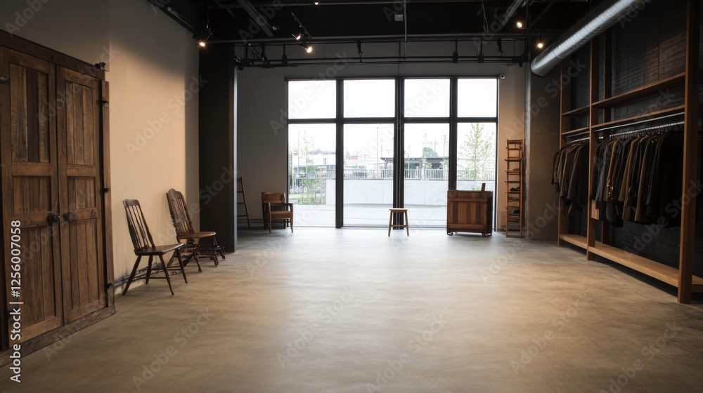 Obraz premium Modern shop interior, large window, city view, clothing display, polished floor