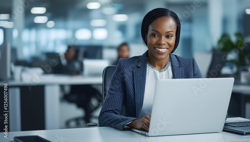 Seated at her desk, an accomplished African American woman uses a laptop in a modern office, immersed in big data e-commerce, with a blurred motion backdrop.