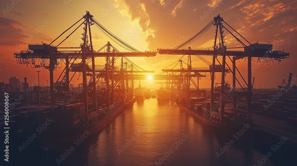 Obraz premium Industrial Port at Sunset with Cranes and Shipping Containers