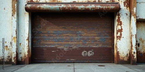 Rusty Metal Roll-Up Door on Weathered Facade of an Industrial Building
