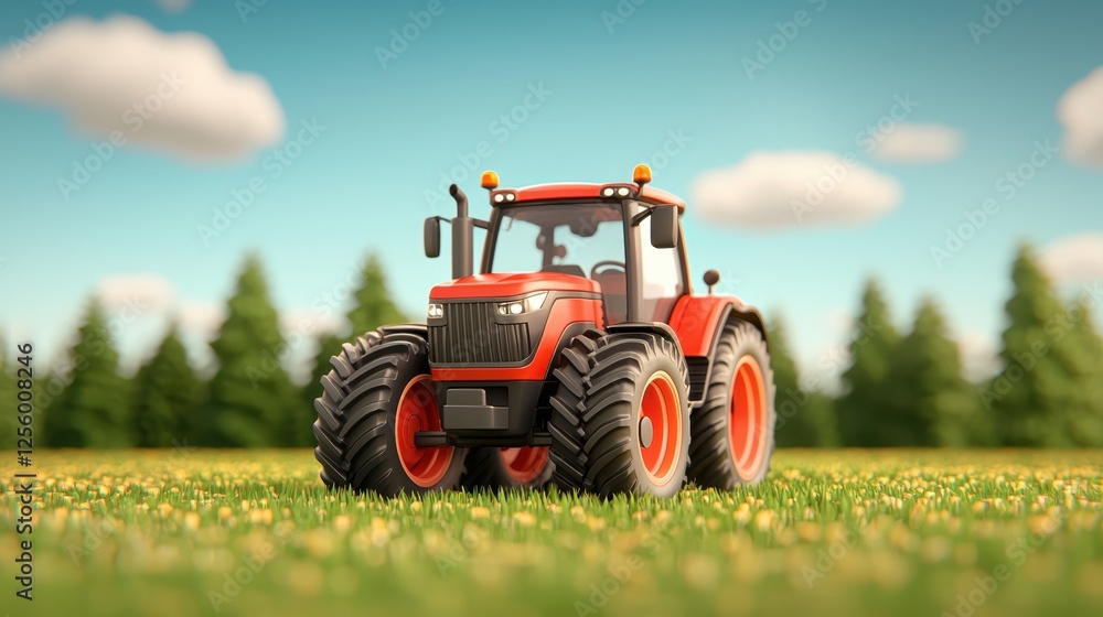 A bright red tractor stands prominently in a lush green field, under a clear blue sky with scattered clouds, symbolizing agriculture and rural life. A bright red tractor stands prominently in a lush green field, under a clear blue sky with scattered clouds, symbolizing agriculture and rural life.
