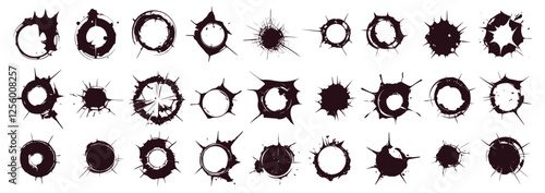 Bullet holes silhouettes. Damage from gunshot, violence destruction gun weapon shot element set vector illustration