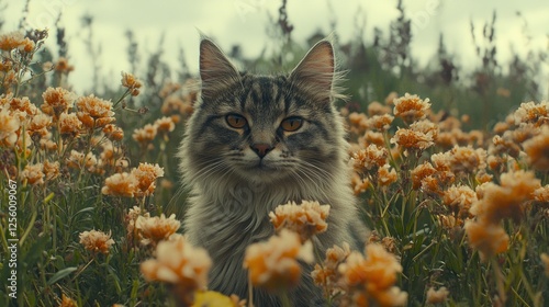 Gray cat sitting amidst orange flowers, field background, pet portrait