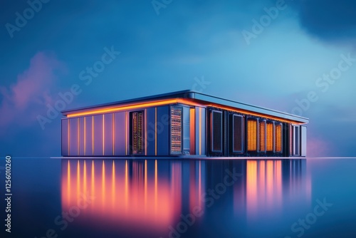Stunning futuristic data center illuminated by glowing lights on a serene body of water at twilight