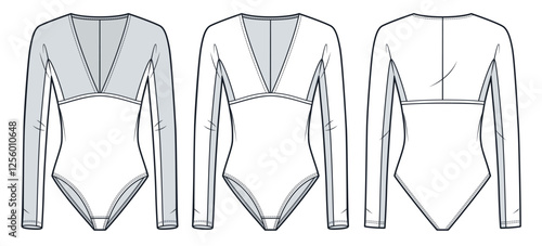 Bodysuit Technical Fashion Illustration. V Neck Bodysuit fashion flat technical drawing template, long sleeves, slim fit, front and back view, white, women, men, unisex CAD mockup set.
