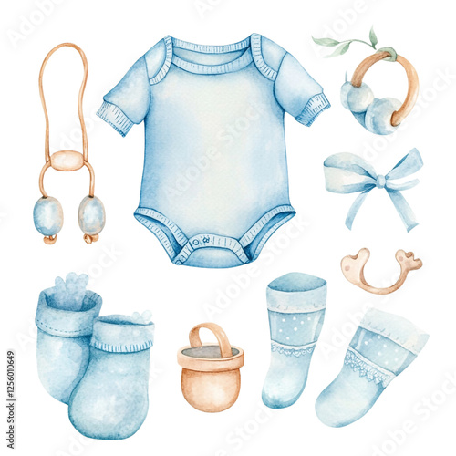 Adorable Baby Boy Outfit Watercolor Illustration Sweet Blue Tones