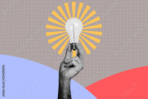 Exclusive creative art poster collage of hands electric hold bright light bulb blackout power idea finding enlightenment concept