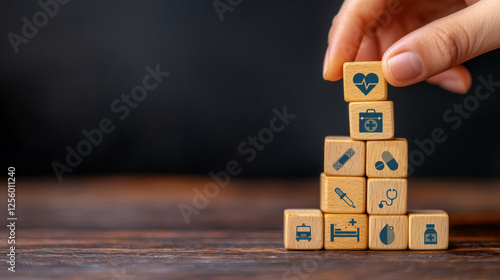 Close up of wooden cubes stacked with health symbols, representing wellness and care. image conveys sense of organization and importance of health in life