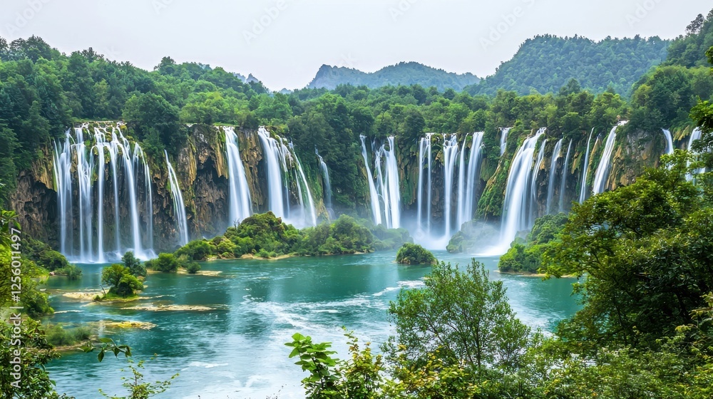 Fototapeta premium Majestic waterfall views national park nature lush greenery scenic landscape serene atmosphere
