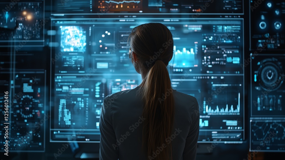 Woman Analyzing Data on Futuristic Screen in Dimly Lit Environment Woman Analyzing Data on Futuristic Screen in Dimly Lit Environment