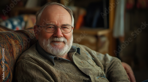 Senior man, portrait and retirement in house for relax, peace and positive mood on weekend on sofa