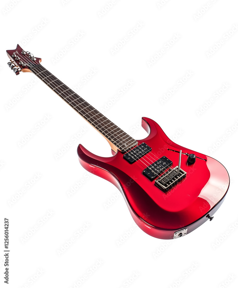 Fototapeta premium A stunning red electric guitar showcasing a sleek design and detailed fretboard. Isolated on transparent white background, png 