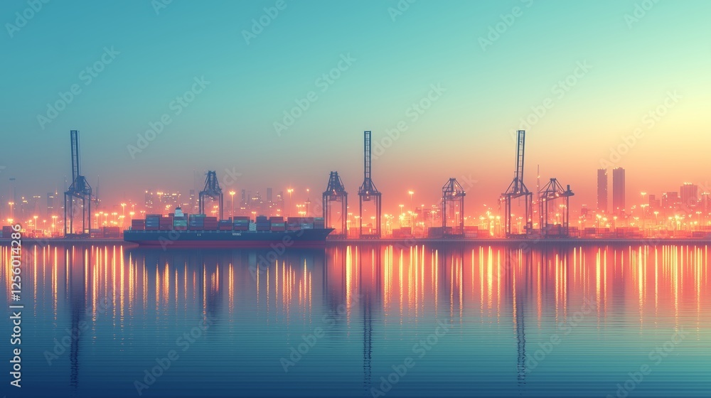 Serene Harbor at Dusk with Cranes and Vibrant City Lights Reflections Serene Harbor at Dusk with Cranes and Vibrant City Lights Reflections