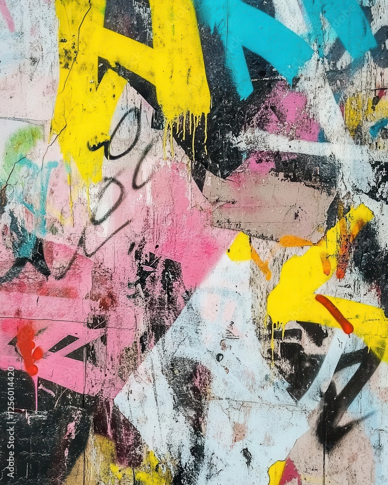 Fototapeta premium Gritty Urban Wall Covered in Street Art Graffiti Scribbles and Spray Paint Stains