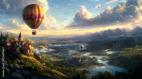 Colorful hot air balloon soaring over lush green valleys, picturesque landscape under a vibrant sky, perfect for travel themes. photo