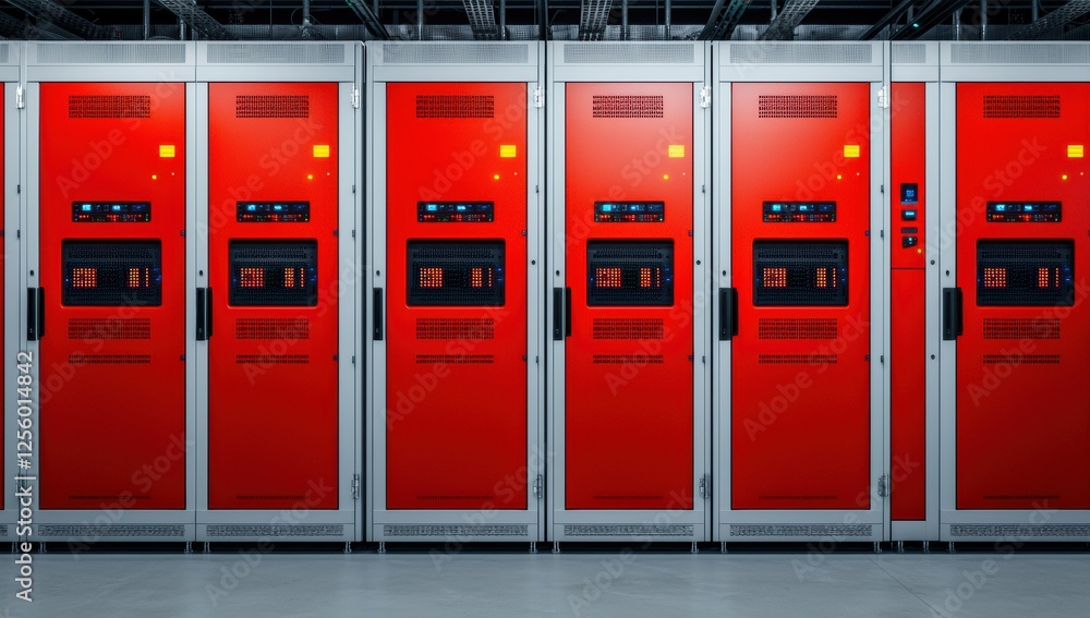 Rows of bright red server cabinets in a high-tech data center, showcasing cutting-edge technology for cloud computing and virtual networks Rows of bright red server cabinets in a high-tech data center, showcasing cutting-edge technology for cloud computing and virtual networks