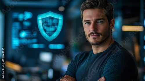 Confident Young Man in Cyber Security Office with Technology Background