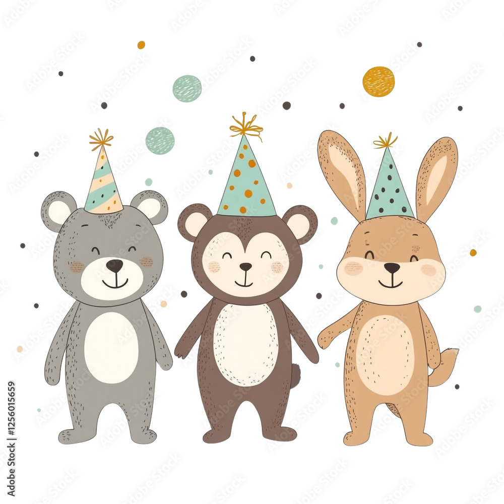 Adorable animals celebrating a birthday joyfully wearing party hats Adorable animals celebrating a birthday joyfully wearing party hats