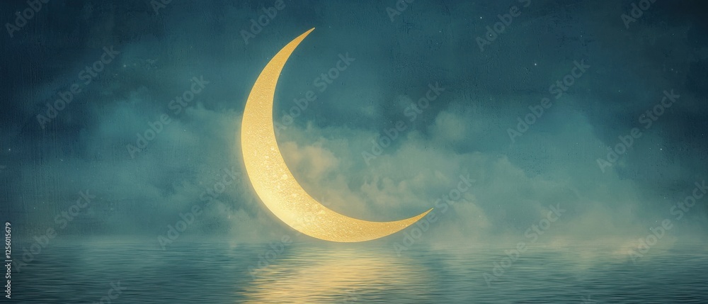 Fototapeta premium Crescent moon reflection over tranquil waters at night digital art serene atmosphere
