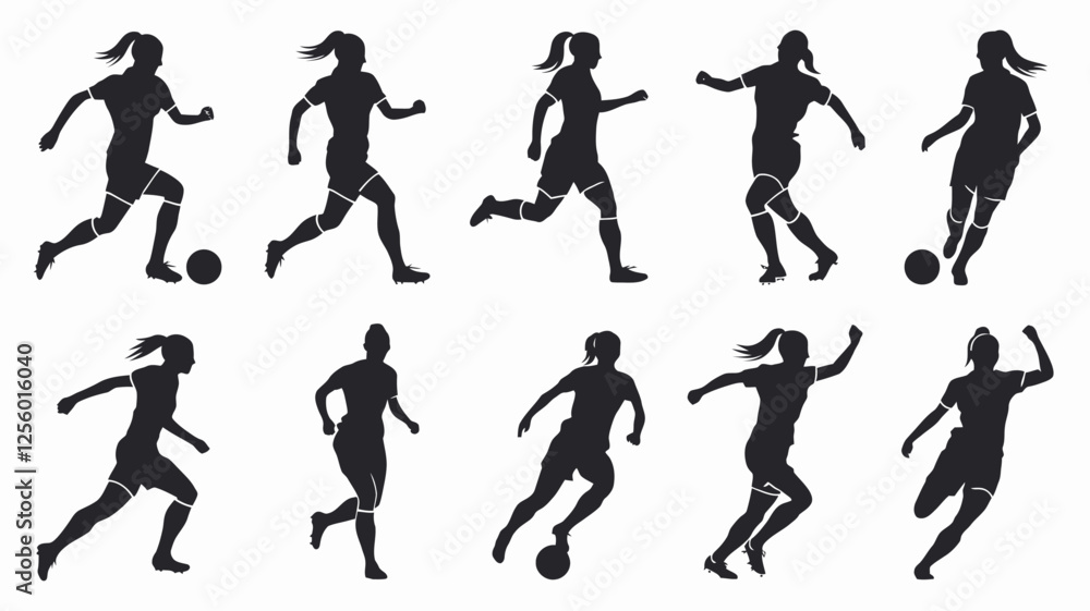 Female Soccer Player Silhouette Vector Icons Set Female Soccer Player Silhouette Vector Icons Set
